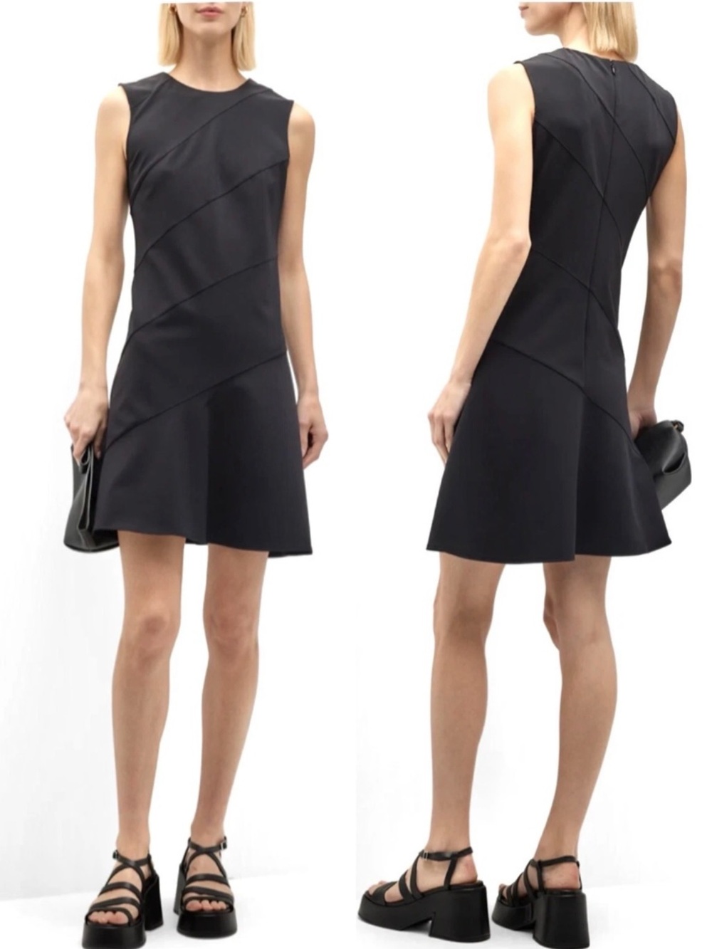 THEORY $295 NEW Black Precision Ponte Diagonal Drape Sheath Dress Size 8 Medium